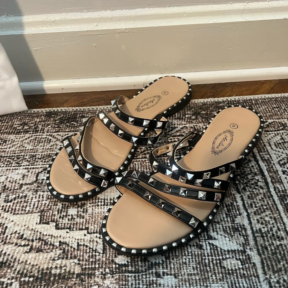 Boutique Black Leather Studded Strappy Sandals